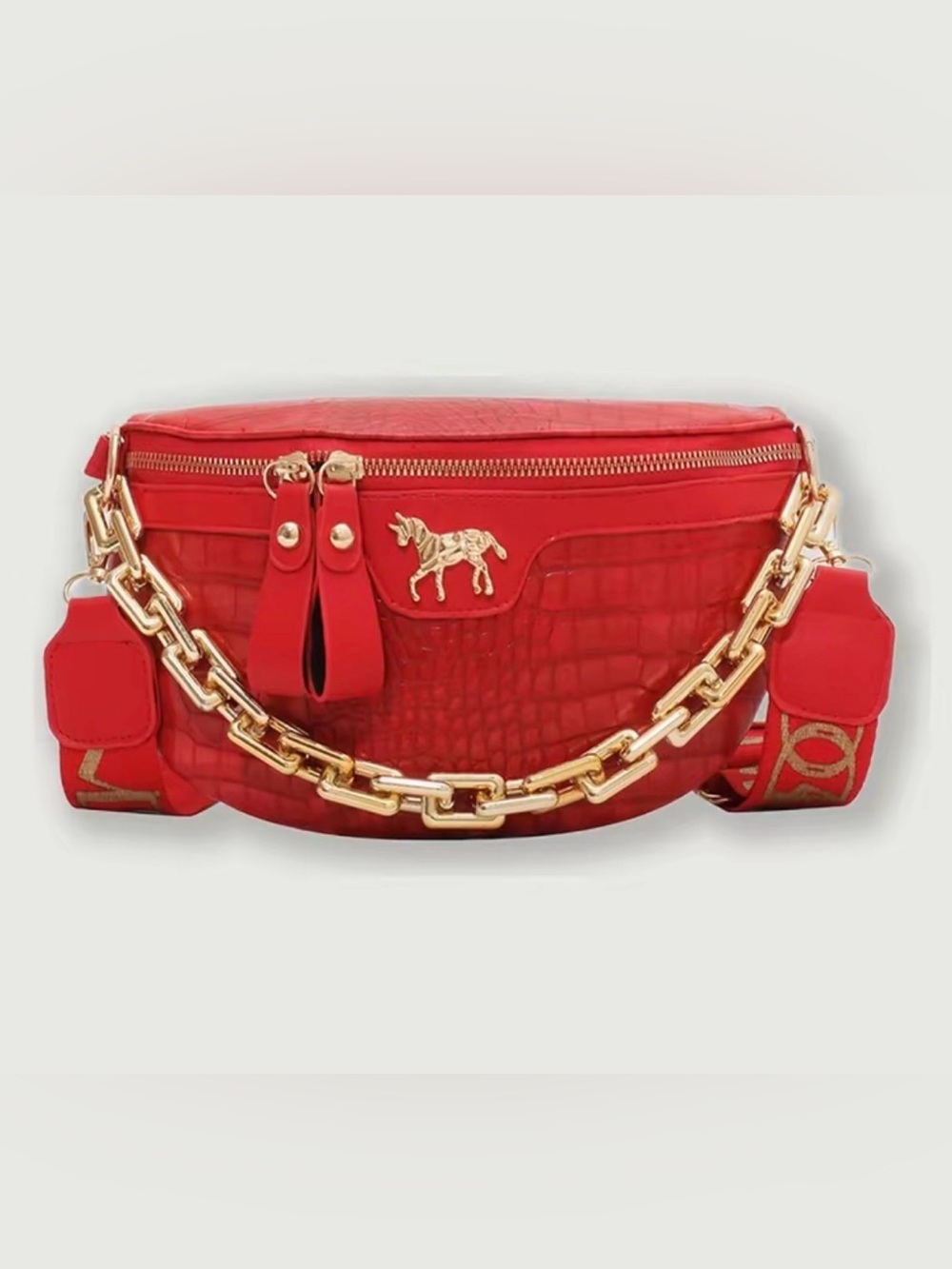 Red Croc-Embossed Chain Belt Bag with Gold Horse Accent